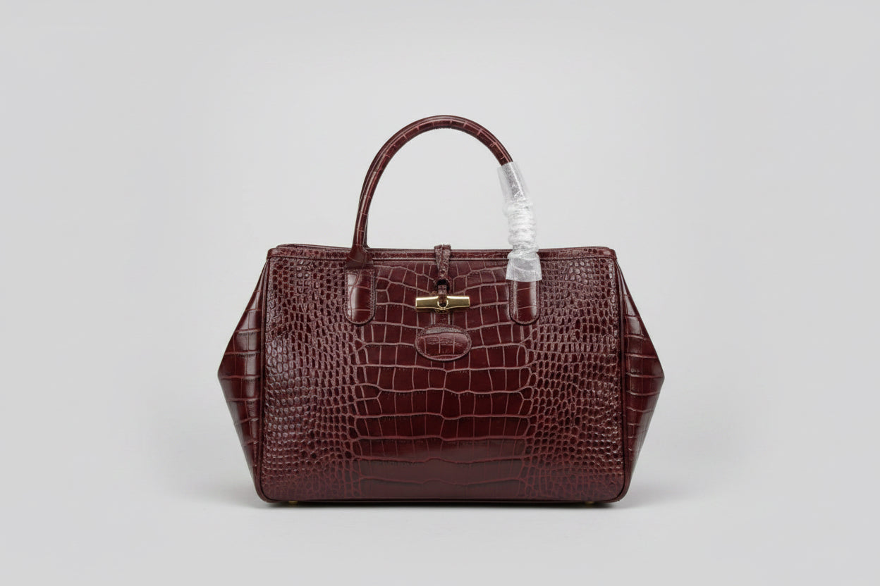 Longchamp Croc-embossed burgundy top handle